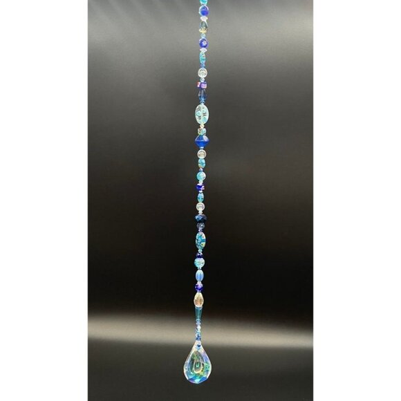 Beaded Suncatcher - Blue - Clear Crystal Prism - Indoor Outdoor Hanging Decor - Picture 7 of 14